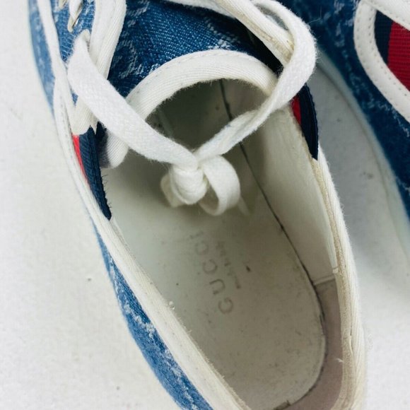 Gucci Blue Denim Monogrammed GG Logo Leather Trim Low Top Tennis Trainers UK 3 - Picture 7 of 10